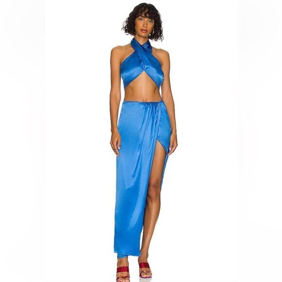 Nicholas Manon Skirt in Olympic blue satin wrap high slit midi Revolve nwt - Picture 4 of 11